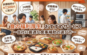 食の福利厚生としておすすめの食事補助（設置型社食）をオフィスで笑顔で楽しむ社員たちの風景