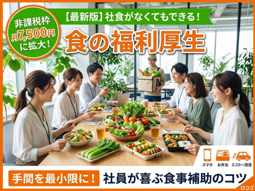 食の福利厚生としてデリバリーされたお弁当をオフィスで楽しそうに食べる従業員たちの風景