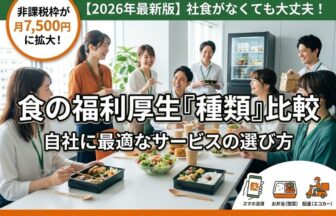 食の福利厚生 種類（設置型・デリバリー・社員食堂）を紹介する、オフィスで社員たちが嬉しそうに食事を選ぶ風景