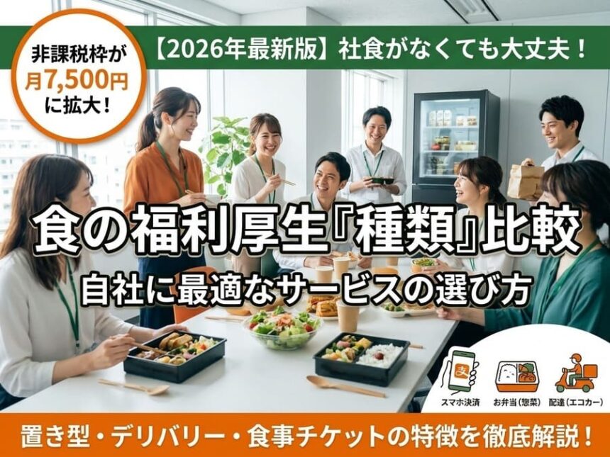食の福利厚生 種類（設置型・デリバリー・社員食堂）を紹介する、オフィスで社員たちが嬉しそうに食事を選ぶ風景