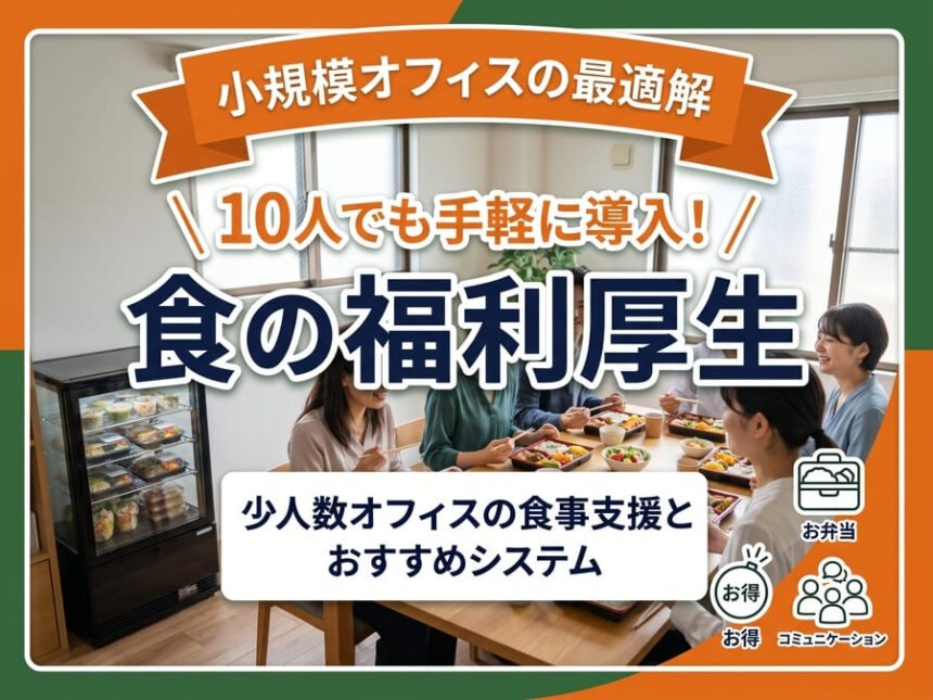 食の福利厚生を10人規模の小規模オフィスに導入し、社員が笑顔で食事を囲む風景