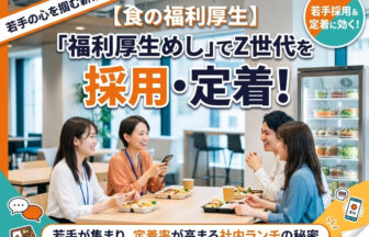 食の福利厚生の紹介。オフィスで「福利厚生めし」を楽しみながら談笑するZ世代と若手社員たち