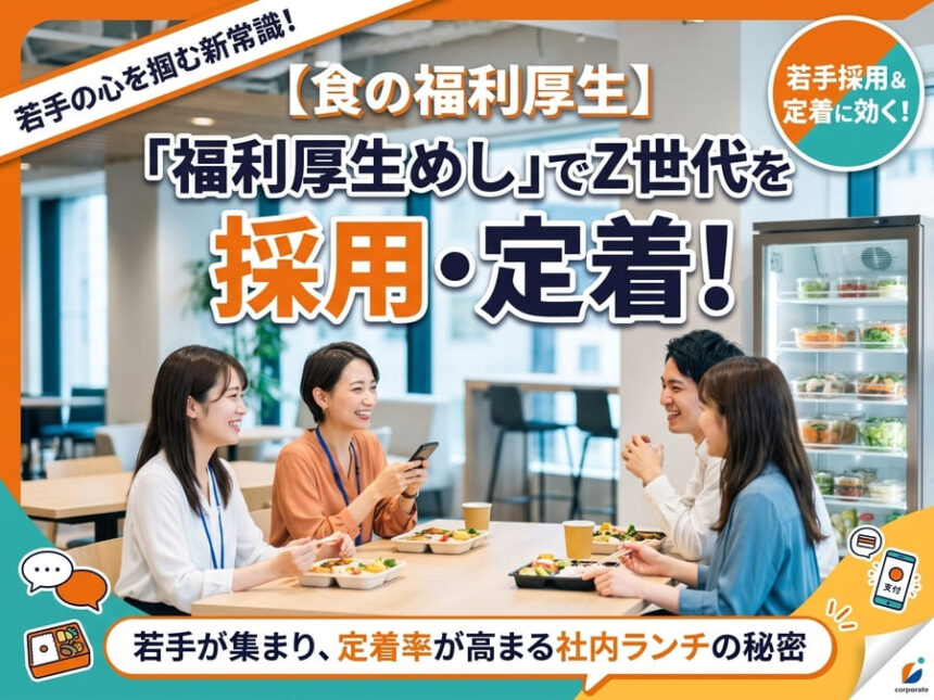 食の福利厚生の紹介。オフィスで「福利厚生めし」を楽しみながら談笑するZ世代と若手社員たち